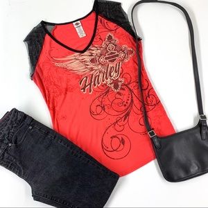Harley-Davidson Cut Off Sheer Sleeves Embellished
